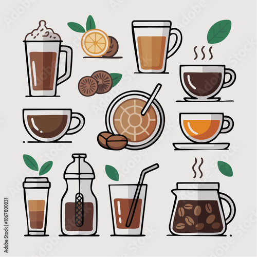 Minimal coffee and beverage line art set, modern outline illustration