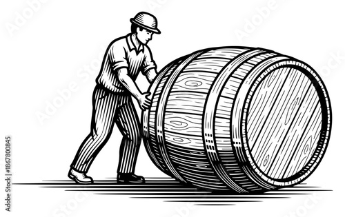 Warehouse worker rolling large wooden barrel in vintage engraving style