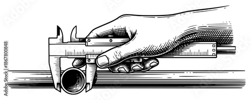 Hand holding a vernier caliper to measure a metal pipe