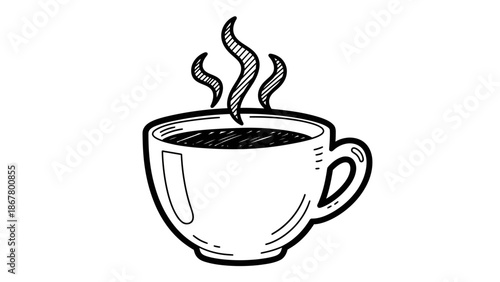 Hand drawn hot coffee cup with steam doodle art.
