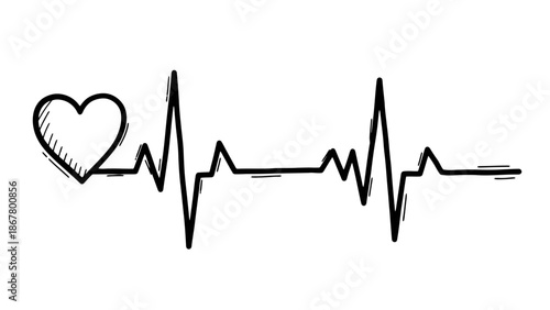 Hand Drawn Heartbeat Line with Heart Symbol.