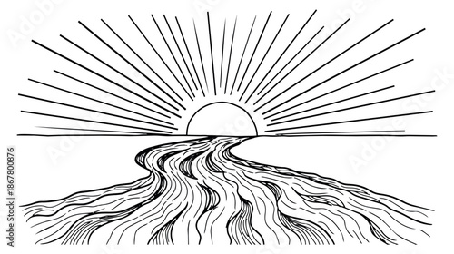 Hand drawn line art illustration of a river landscape depicting a sunrise for outdoor and nature concepts