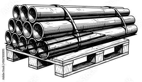 Stack of industrial metal pipes secured on wooden pallet for shipping