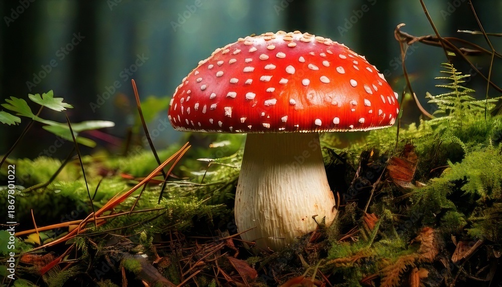 Fototapeta premium Vibrant Red Mushroom with White Spots in a Lush Forest Setting.