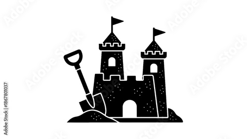 Vector illustration of a classic sandcastle with shovel, on transparent background, symbolizing summer beach fun