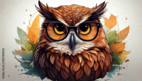 Wise Owl Portrait with Glasses and Autumnal Leaves.