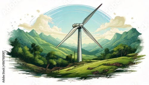 Wind Turbine in a Lush Green Landscape with Rolling Hills and Clouds.