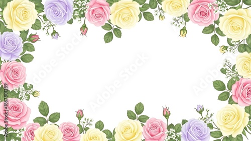Floral Elegance: Pastel-colored roses frame an empty space, offering an elegant floral design. Perfect for showcasing text, this beautiful arrangement with a focus on simplicity.