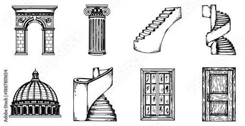 Hand drawn line art architectural elements set featuring classical arches, columns, stairs, dome, door, and window for building design