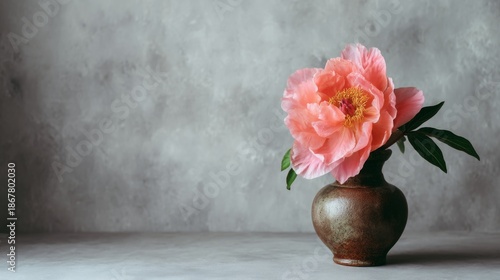 Wallpaper Mural Elegant Pink Peony Flower in Rustic Ceramic Vase Against Soft Gray Background Capturing Beauty of Nature and Serenity in Home Decor Torontodigital.ca