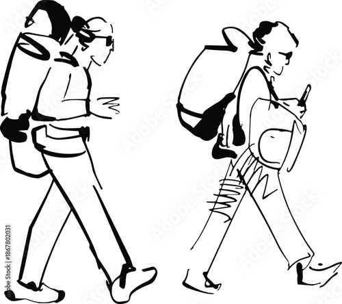 Modern flat vector illustration of tourists walking together during a city sightseeing trip.