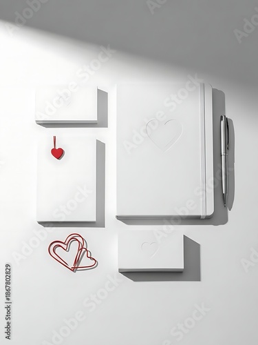 A minimalist white background showcases a collection of blank white cards and a red heart-shaped design