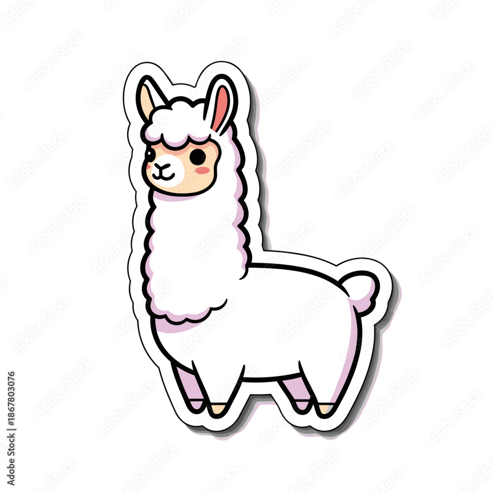Obraz premium Cute cartoon llama sticker with white fur and friendly face.