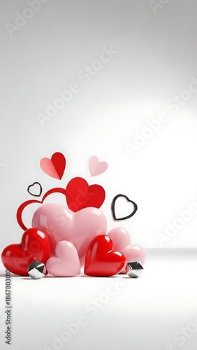 A cluster of pink and red hearts floating against a white background with a subtle gradient effect