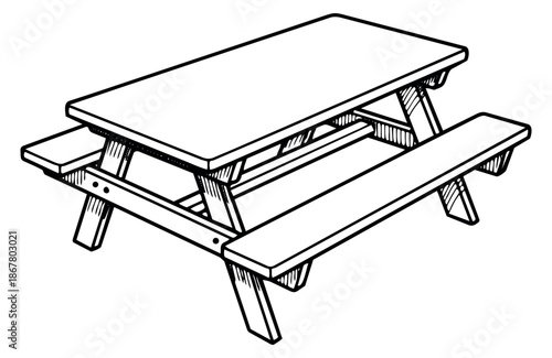 Hand drawn line art illustration of a picnic table depicting outdoor dining for summer events