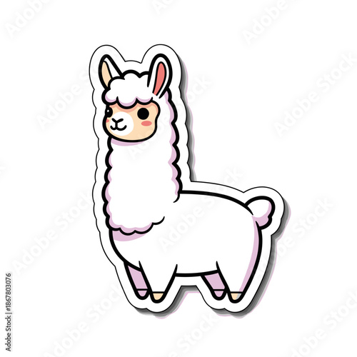 Cute cartoon llama sticker with white fur and friendly face.