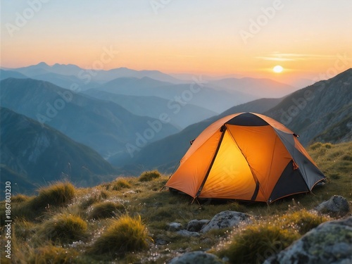 Glowing orange tent on mountain peak at sunrise, peaceful camping atmosphere.