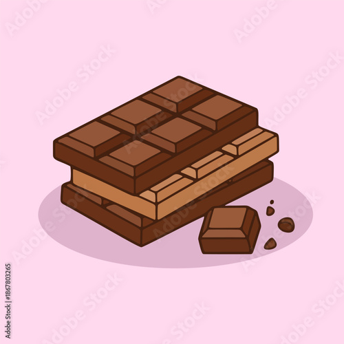 Stacked chocolate bar sandwich with crumbs on a pink background