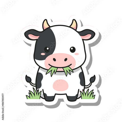 Cute Cartoon Cow Eating Grass Sticker Illustration.