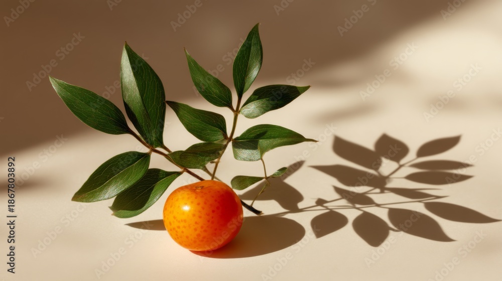 custom made wallpaper toronto digitalFresh orange fruit with green leaves casting shadows on a beige background, showcasing vibrant colors and natural beauty in a minimalist style