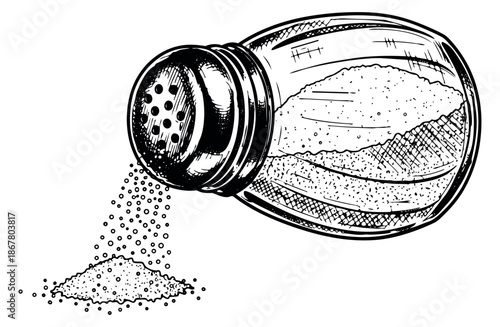 Hand drawn illustration of a salt shaker depicting salt pouring for cooking