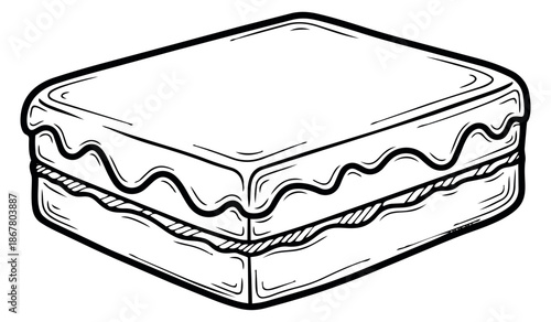 Hand drawn line art illustration of a layered cake depicting sweet frosting for dessert concepts