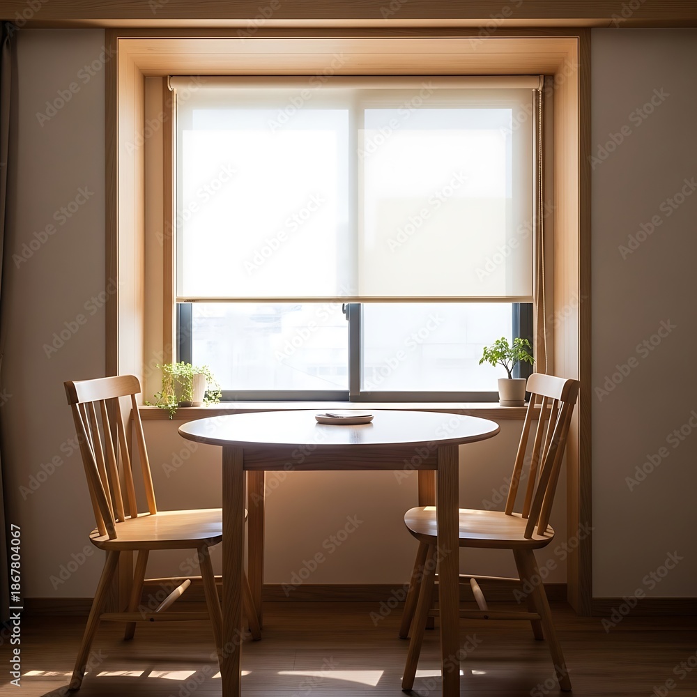 Fototapeta premium Calm Morning Dining Setup with Wooden Table and Chairs by Sunlit Window in Cozy Home Interior View