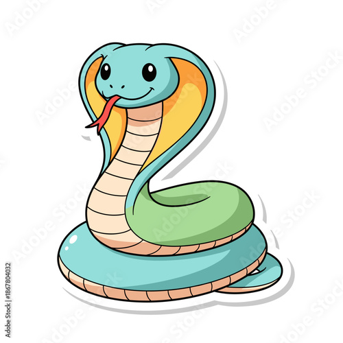 Cute Cartoon Cobra Snake Sticker Illustration.