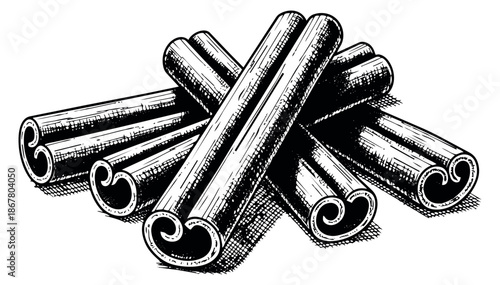 Hand drawn line art cinnamon sticks set featuring multiple aromatic quills for cooking and flavoring
