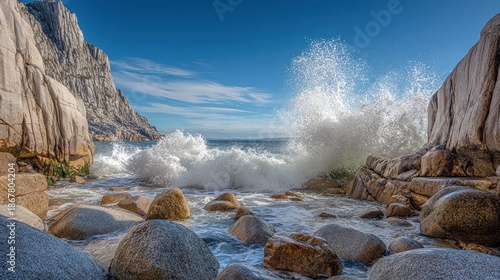 Powerful ocean waves crash dramatically against massive coastal rock formations under a clear blue sky