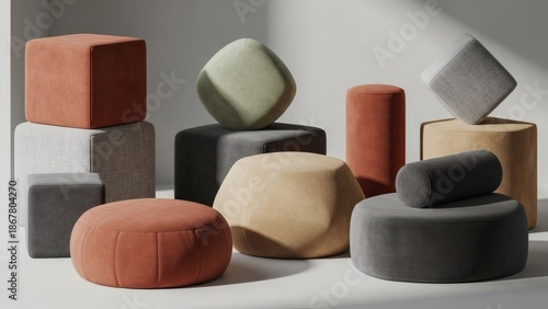 Collection of Modern Modular Velveteen Poufs and Ottomans in Earth Tone Palette