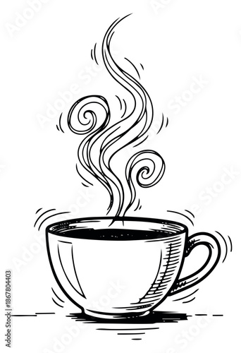 Hand drawn line art illustration of a steaming coffee cup depicting warmth for a coffee shop menu