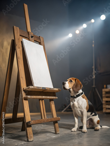 Blank Canvas on Rustic Wooden Easel Mockup with Cute Beagle Dog in Moody Dark Art Studio Dramatic Spotlight Lighting
