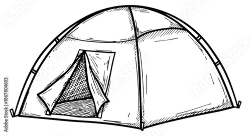 Hand drawn line art illustration of a camping tent depicting an open flap for outdoor adventures