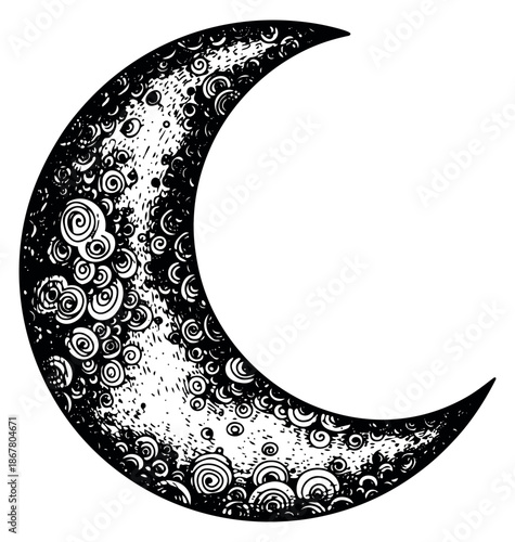 Hand drawn line art illustration of a crescent moon depicting a textured surface for decorative or astronomical designs