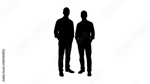 Two men standing side by side in black silhouette