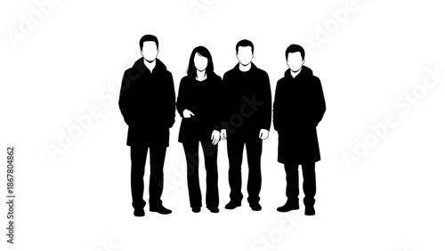 Four people standing together in black silhouette