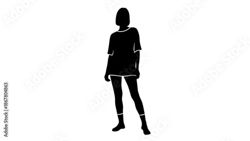 Black silhouette of a woman standing in a short dress and boots