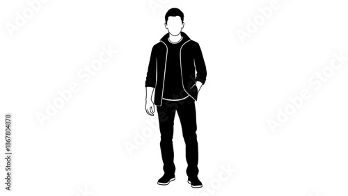 A black and white illustration of a man standing with one hand in pocket wearing a hoodie and jeans