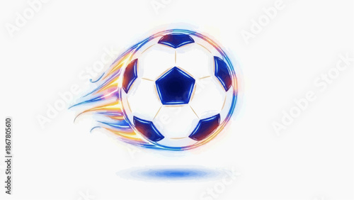 A colorful soccer ball with flames flying through the air in a dynamic motion