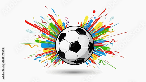 A colorful illustration of a soccer ball surrounded by vibrant paint splatters and confetti