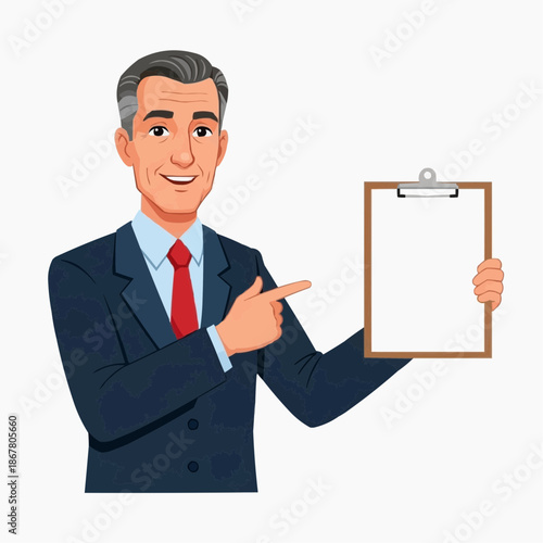 A cartoon businessman in a suit holding a clipboard and pointing to it with a smile