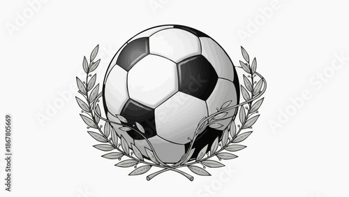 A black and white vector illustration of a soccer ball surrounded by a laurel wreath