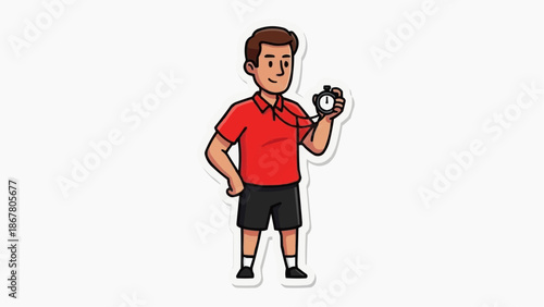 A cartoon man holding a stopwatch in a red shirt and black shorts