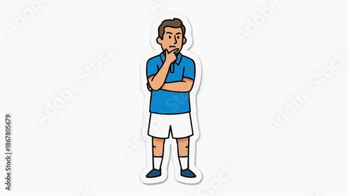 A cartoon man in a thoughtful pose with his hand on his chin and arms crossed