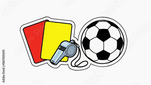 A vector graphic illustration of a soccer ball, referee cards, and a whistle, symbolizing a soccer referee's equipment