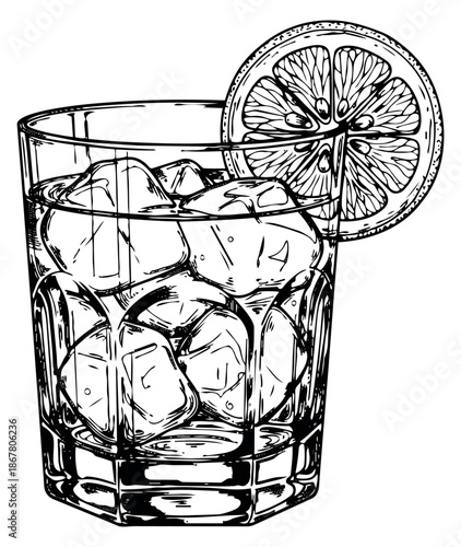 Hand drawn line art illustration of a cocktail depicting a refreshing drink for beverage menus