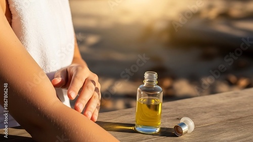 A person's arm with goosebumps next to a small glass bottle filled with golden oil and its cap on a wooden surface.
