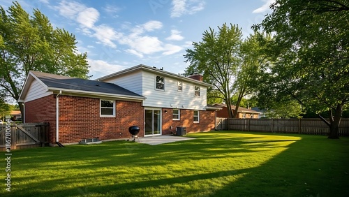 Simple and modest the rear view of a 1980's style red brick ranch house with white siding and a large backyard