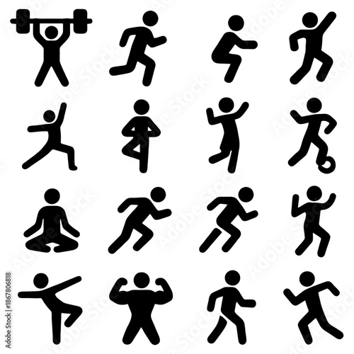 Symbolic Athletic Endeavors: A collection of various human icons showcasing the different positions and exercises.